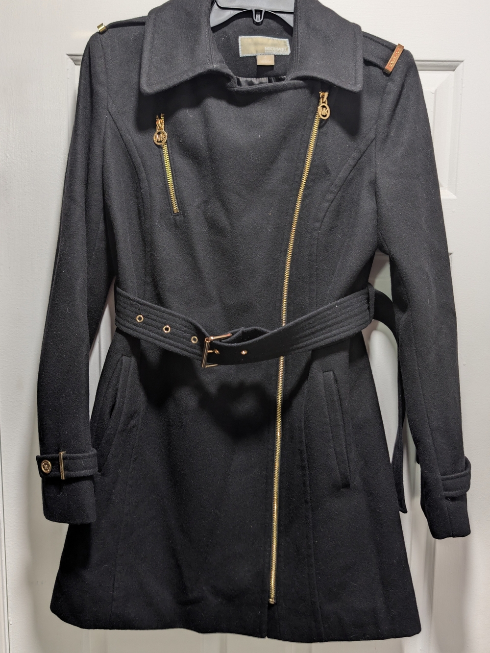Michael Kors Women's Black Wool-Blend Belted Coat with Gold Hardware